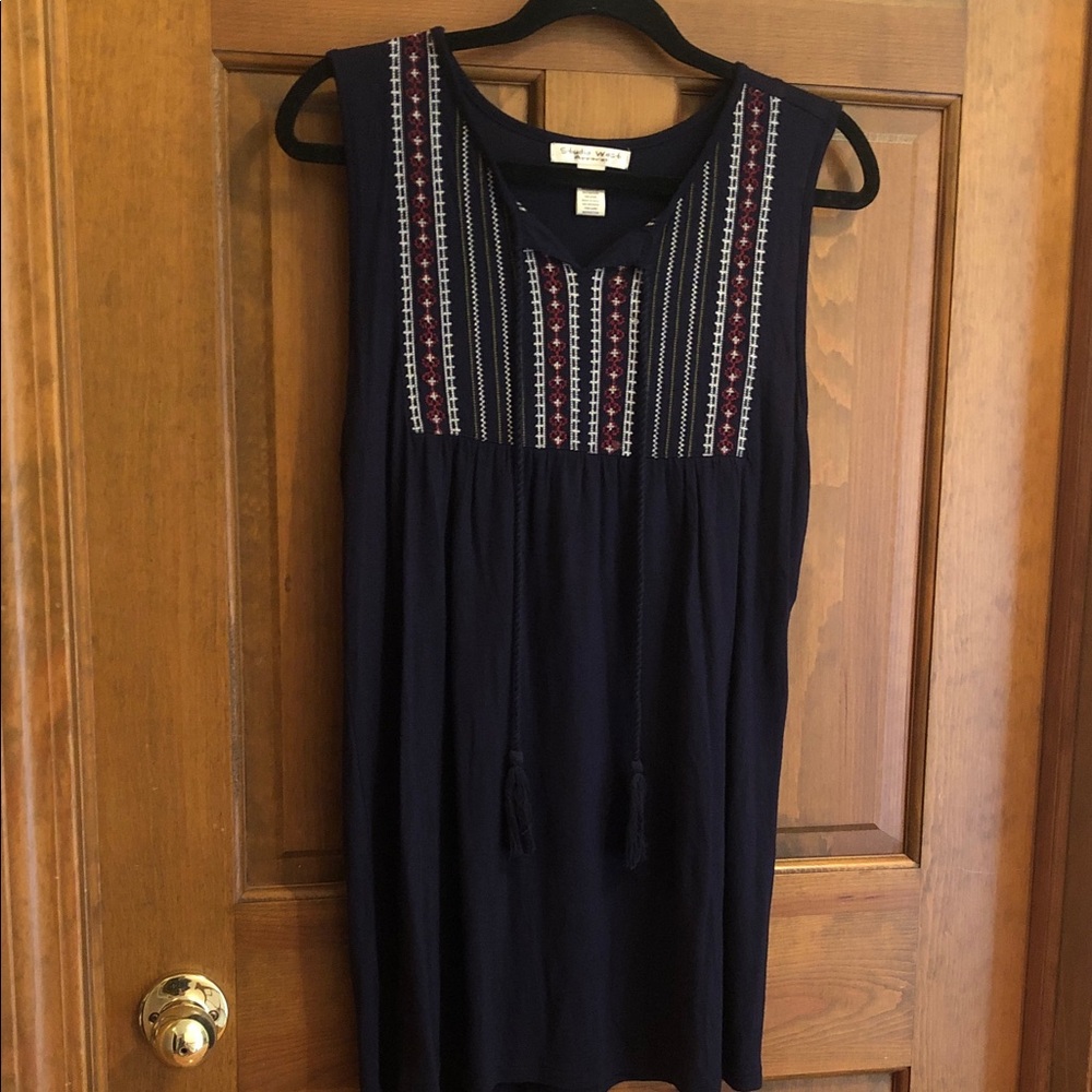 Studio West Navy Sleeveless Top with Red, White & Green Smocking
